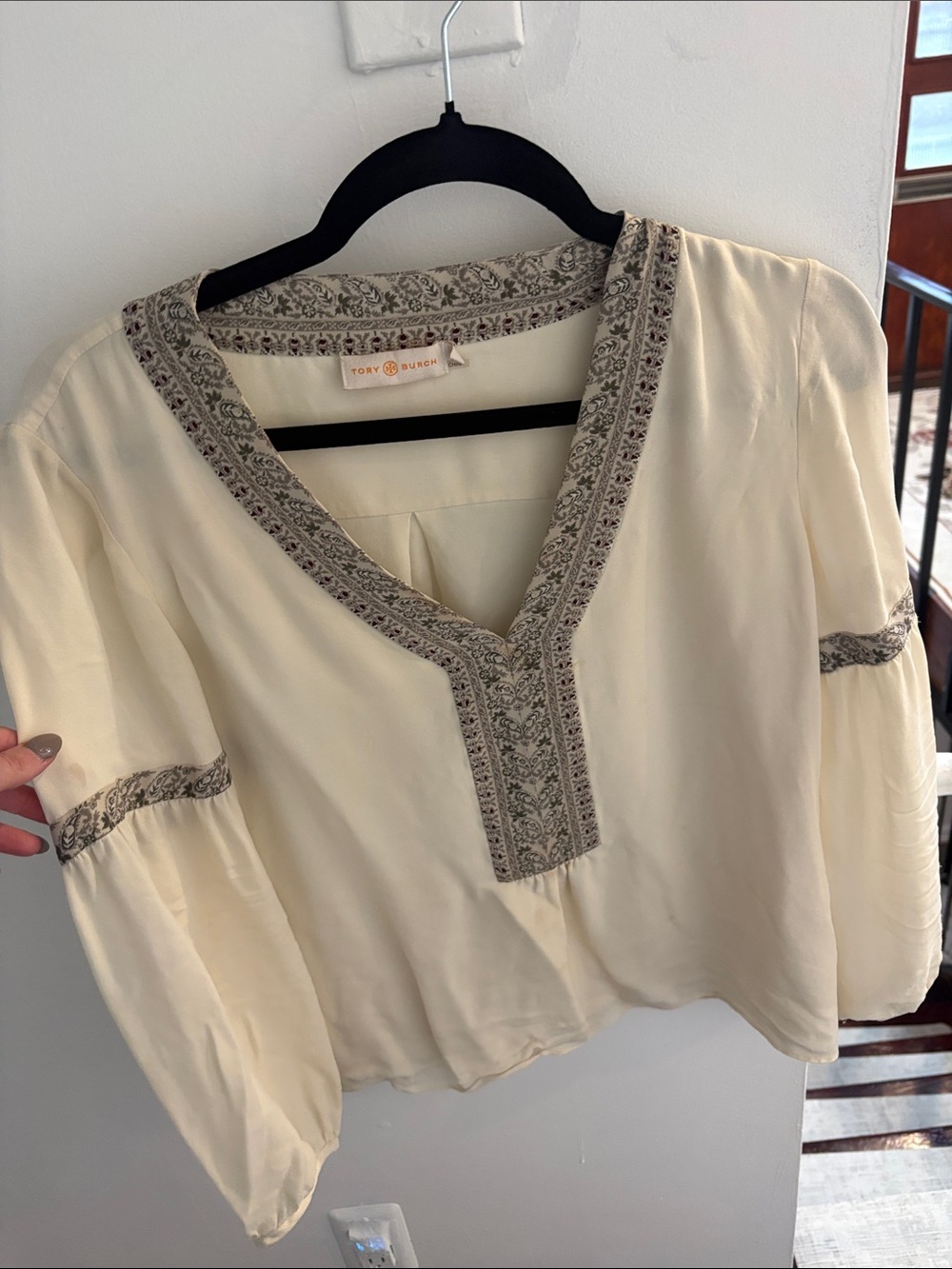 Tory Burch Cream Peasant Blouse with Gray Embroidered Trim